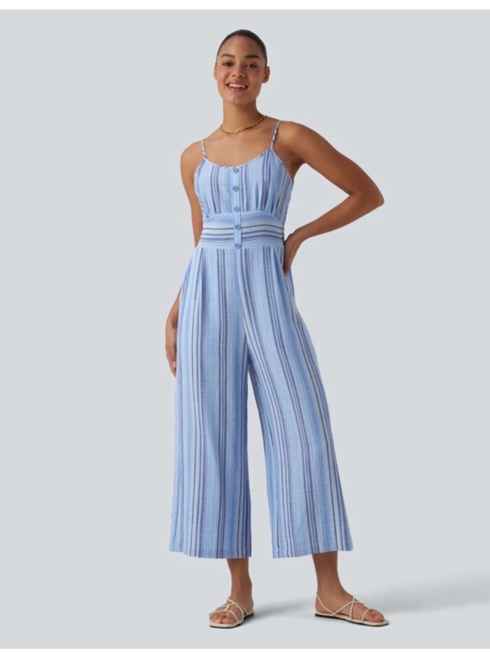 NWT Halara Tie Back Cut Out Stripe Linen-Feel Slip Jumpsuit with Pockets Size M